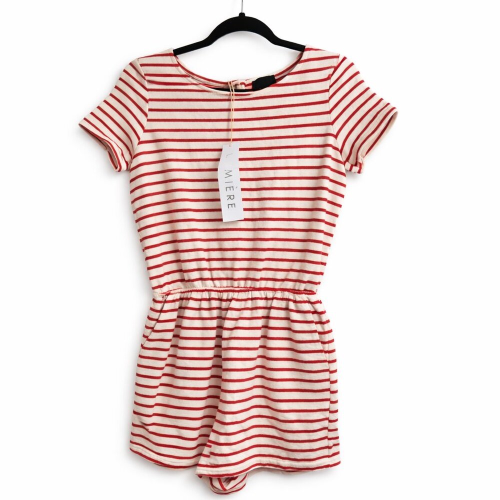 Lumiere Womens Large Red Ivory Striped Cotton Romper NWT Nautical Coastal